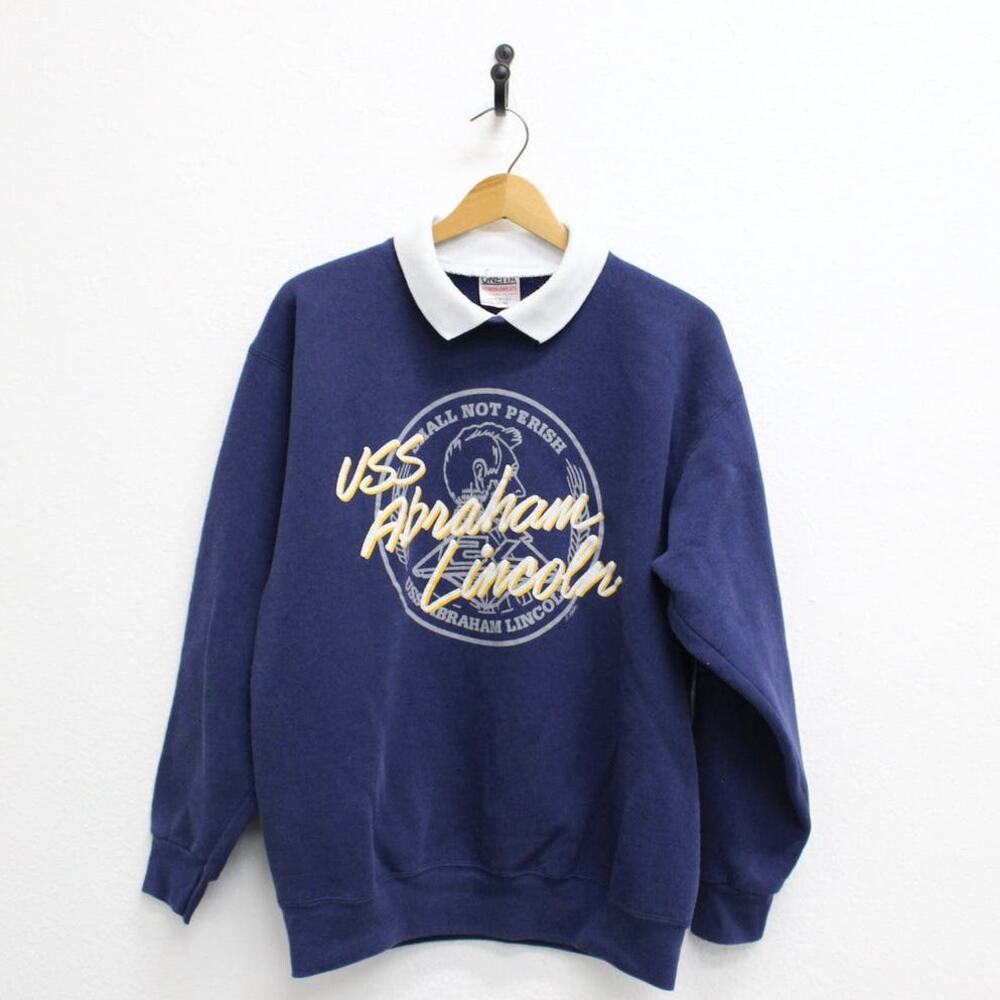 Vintage Navy Blue USS Abraham Lincoln Crewneck Sweatshirt with White Collar